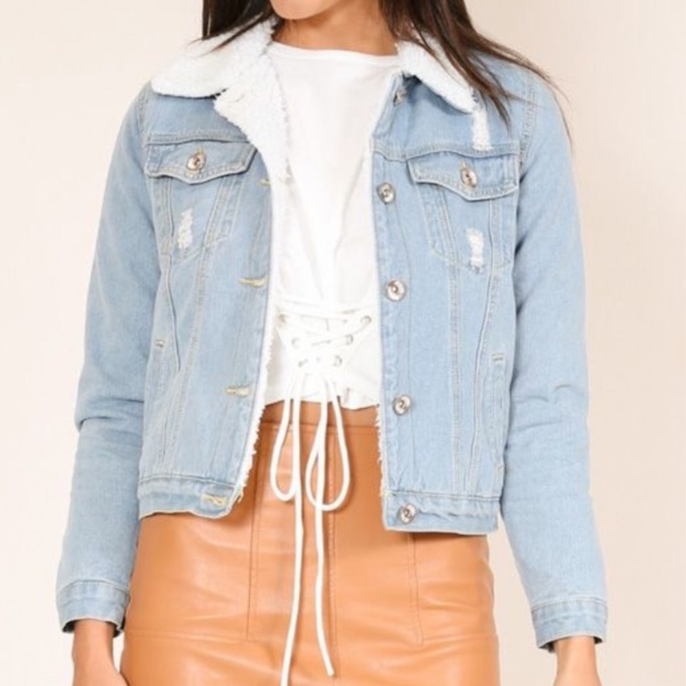 NWOT Showpo. Denim Shearling Jacket in Mid Wash